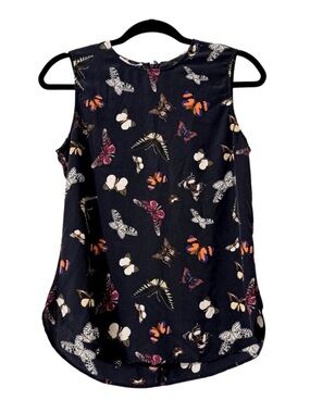 Equipment Femme Black Butterfly Print 100% Silk Sleeveless Blouse Shell XS